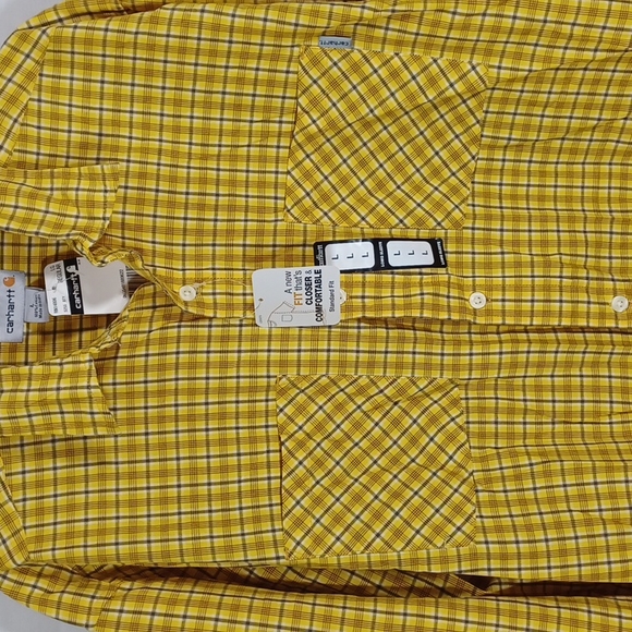 Men's Carhartt Plaid Button up Long Sleeve Size L Yellow White Blue Gray - Picture 4 of 7